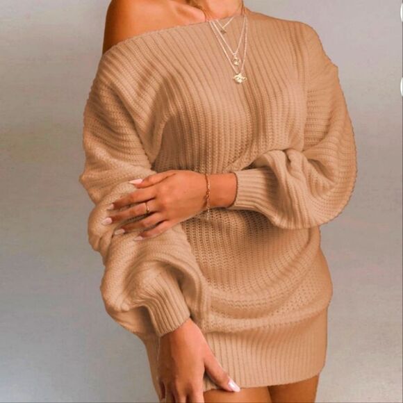 So Chic Off-The-Shoulder Sexy Sweater Dress- Blush - Picture 1 of 4